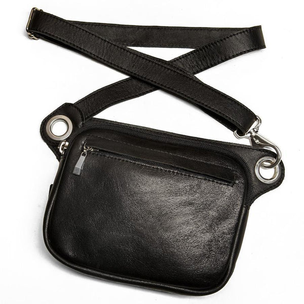 Black leather fanny pack, converts to crossbody | Handmade in