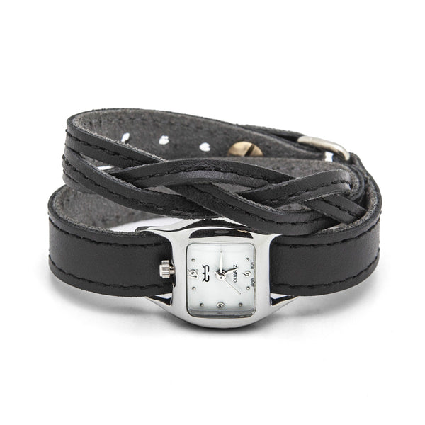 Black leather wrap watch Braided watch strap Handmade Leather