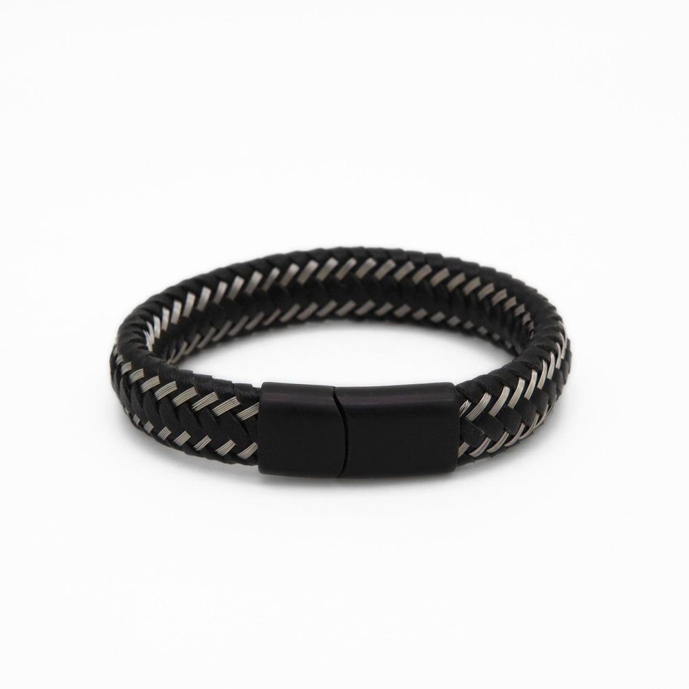 Men's braided bracelet  Braided steel and black leather bracelet